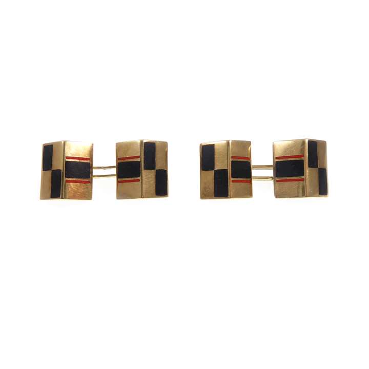 Pair of 14ct gold and enamel cube design cufflinks, rectangular 'roof' shaped panels